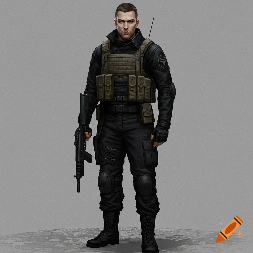 Soldier in tactical gear holding a submachine gun