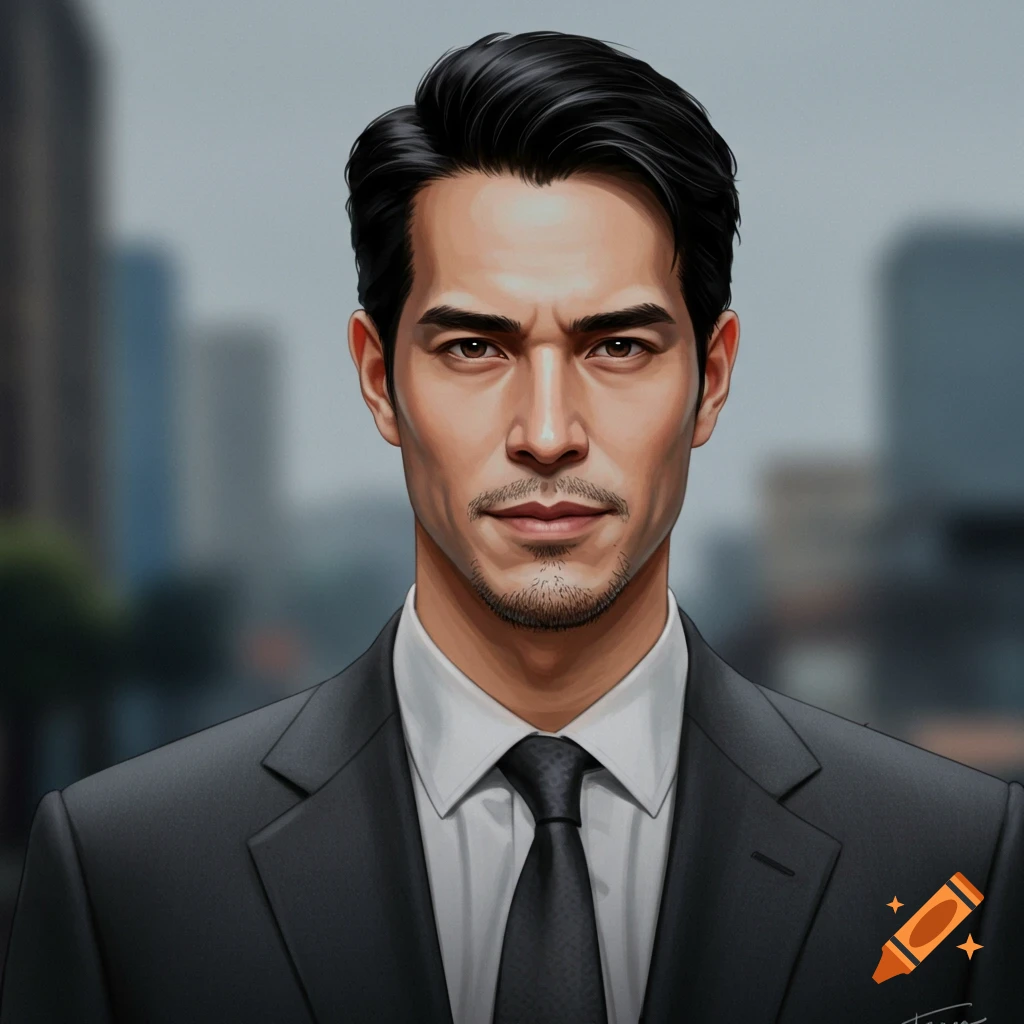 A man in a suit with dark hair and a goatee stands against a blurred city background.