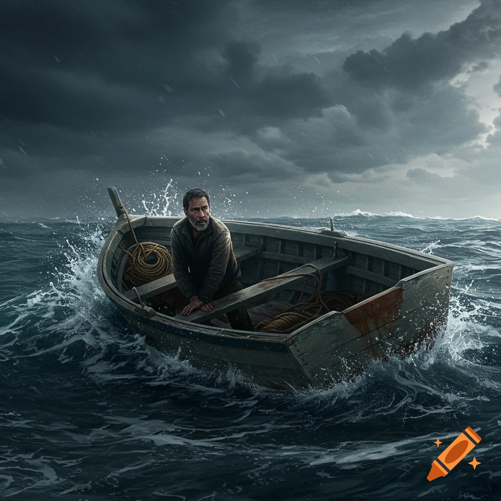 A man in a small boat on stormy seas taking on water.