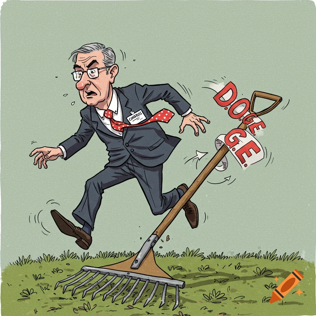 Political cartoon of a man in a suit with a Congress tag about to step on a rake labeled D.O.G.E.