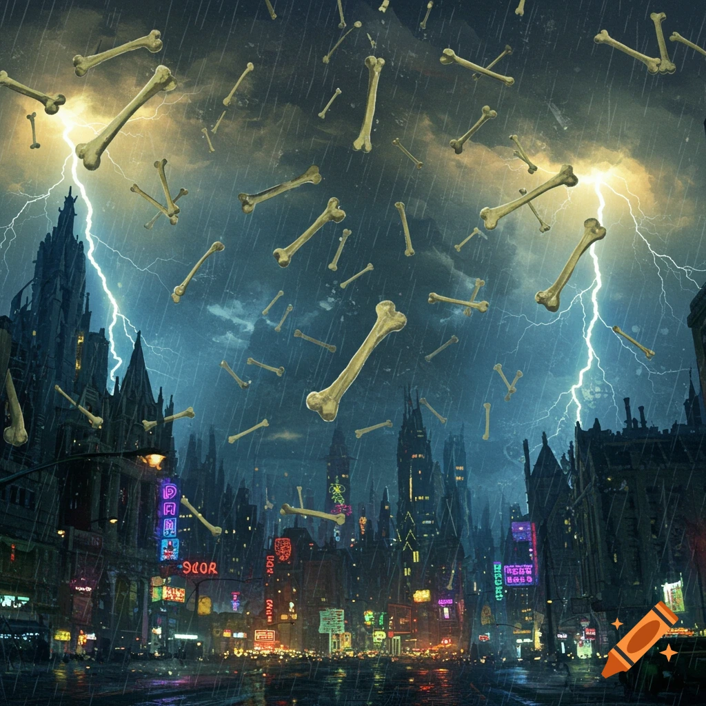 Bones falling from a dark sky over a futuristic city during a rainy thunderstorm with lightning.