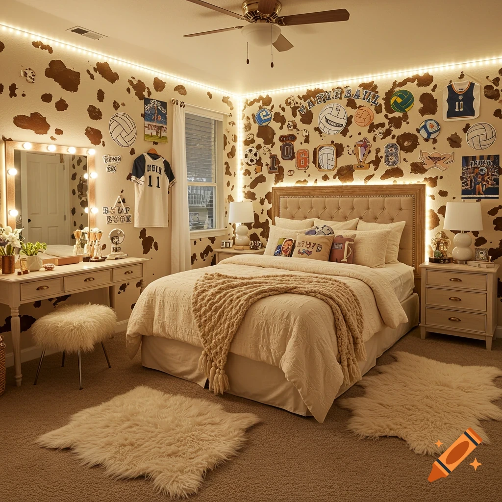 A cozy bedroom with cow print walls, volleyball themed decor, a large bed, vanity, and fluffy rugs.