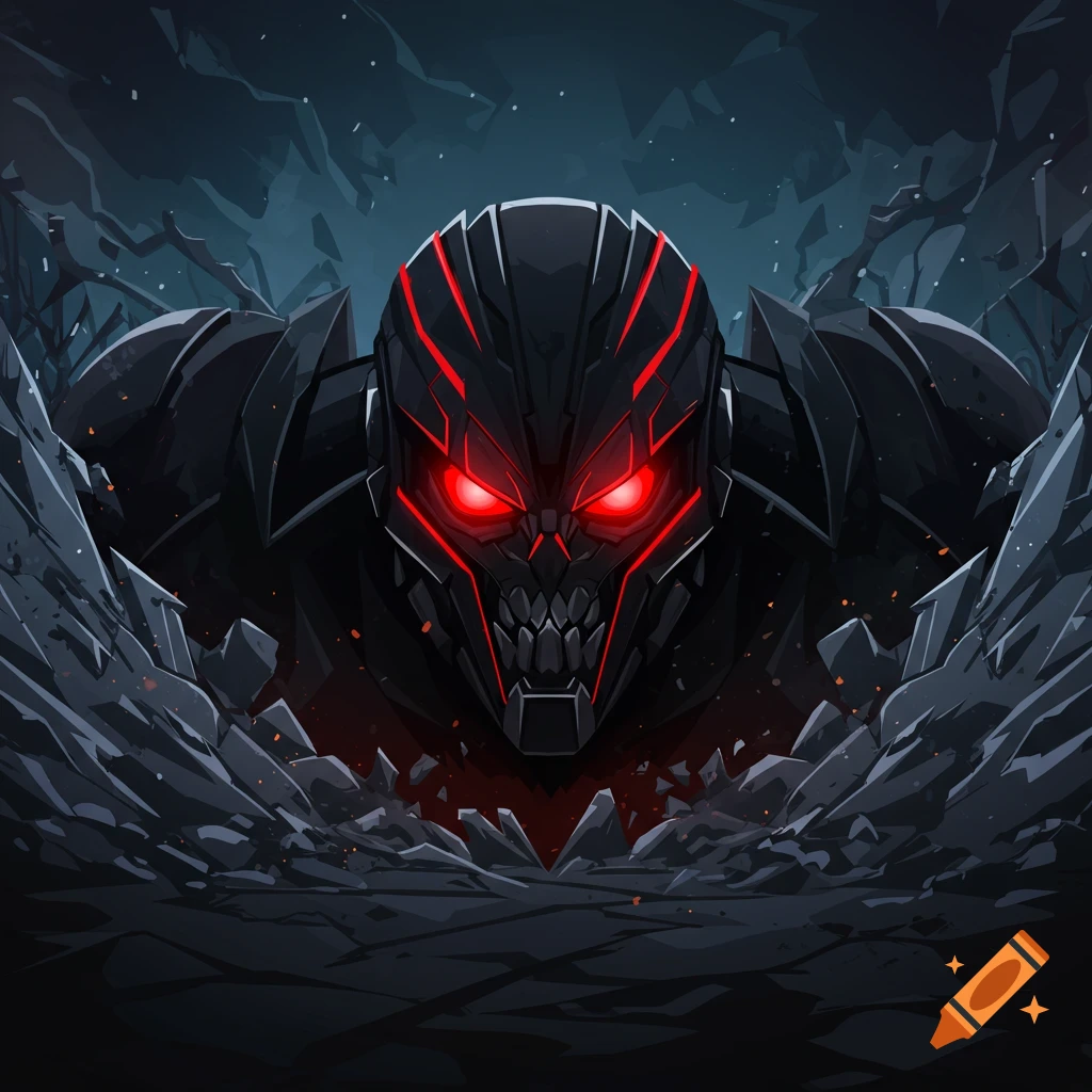 Black and red robot head with glowing eyes emerging from debris, vector graphic style.