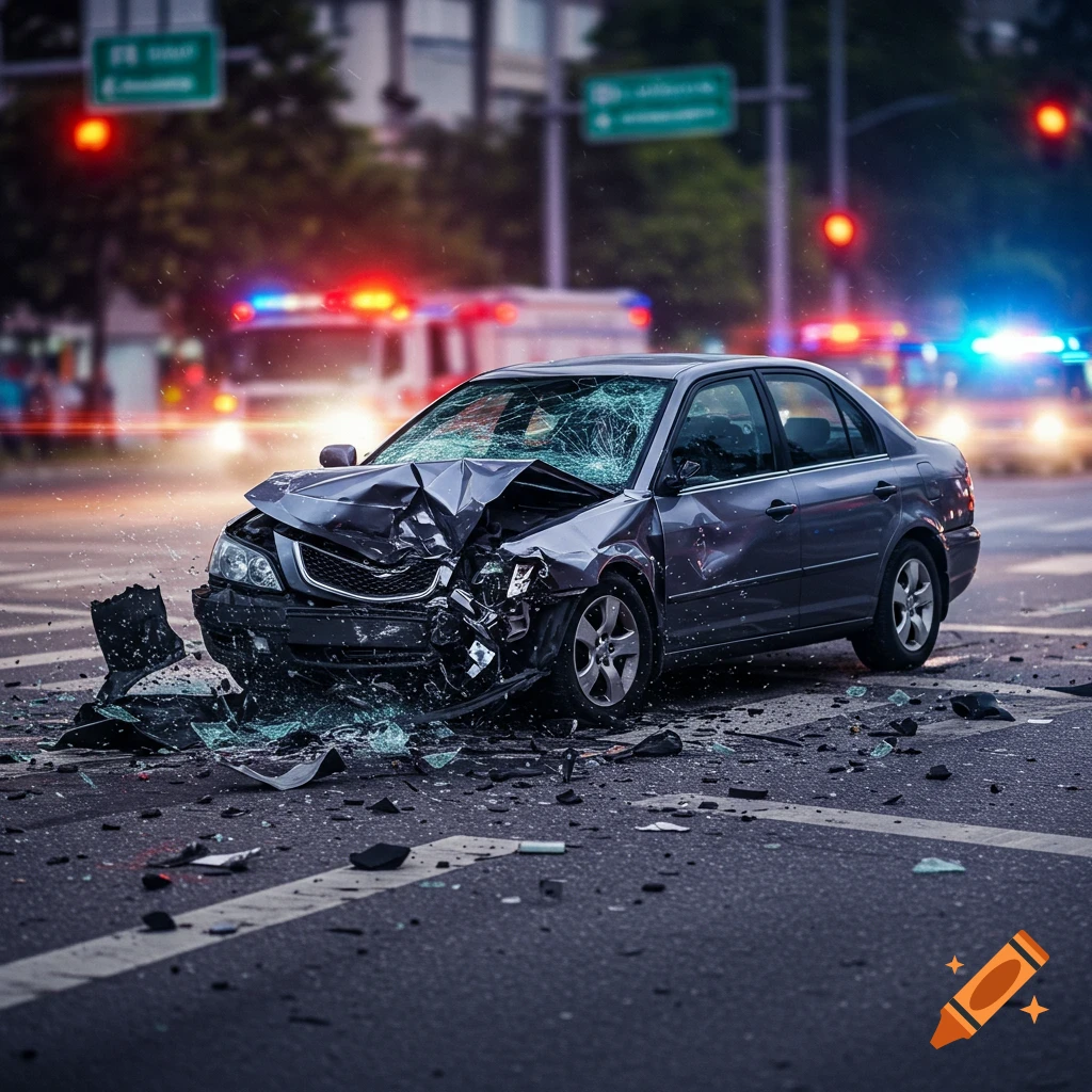 A damaged grey car sits in an intersection with broken glass and debris around it. Flashing emergency lights are in the background.