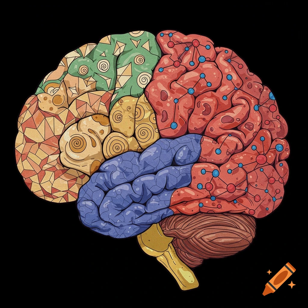 Colorful illustration of a brain divided into patterned sections on a black background.