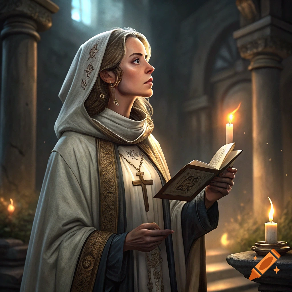 Woman cleric holding a book in a candlelit church interior.