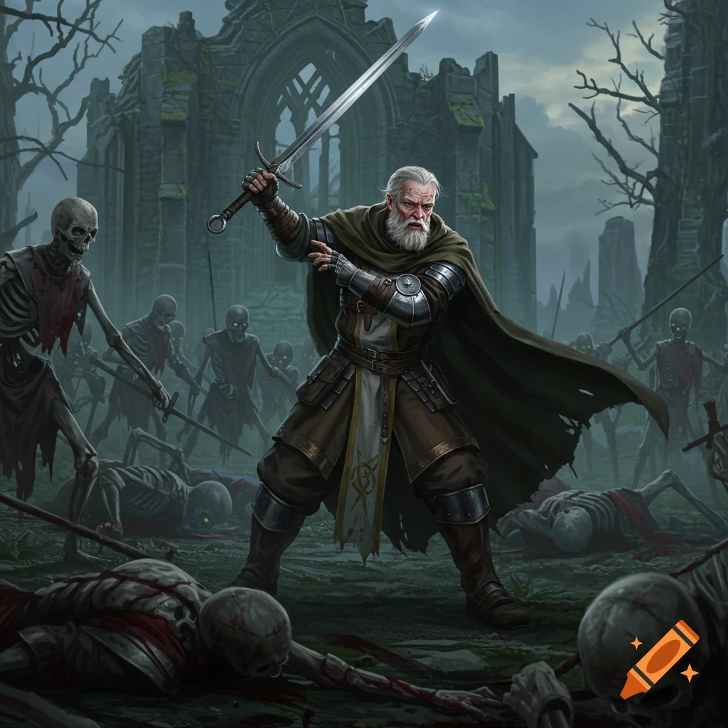 Old cleric fighting skeletons with a sword in a ruined landscape. Digital illustration.