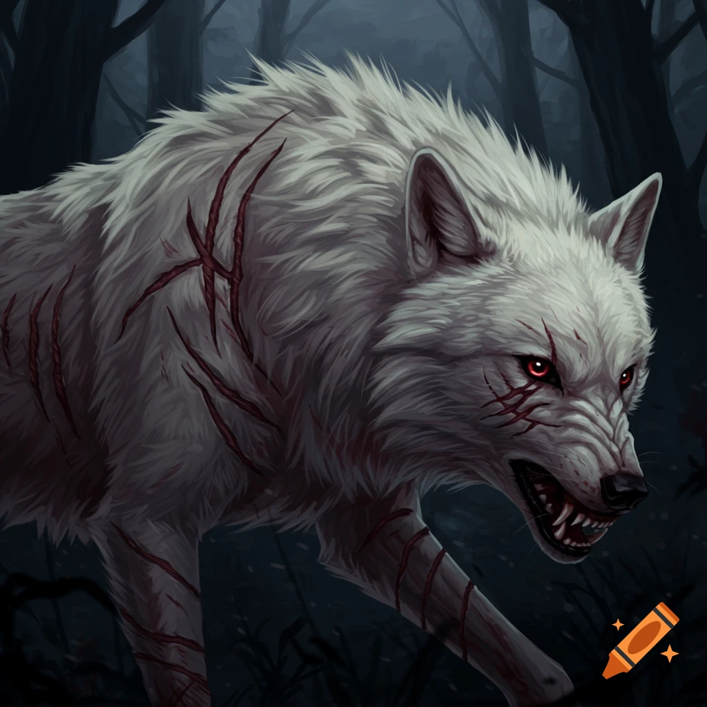 A scarred white wolf with red eyes is in a dark forest.