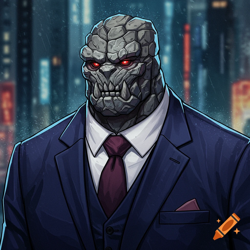 A rock monster in a blue suit and purple tie standing before a blurry rainy city.