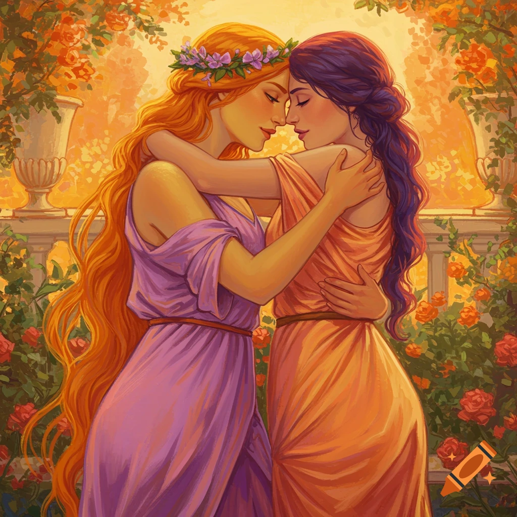 A romantic painting of two women embracing in a garden bathed in warm light.
