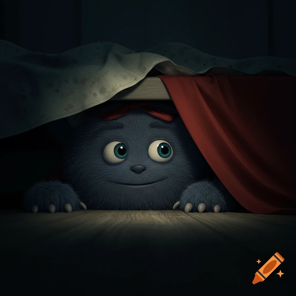 A furry blue monster with big eyes peeks from under a bed in the dark.