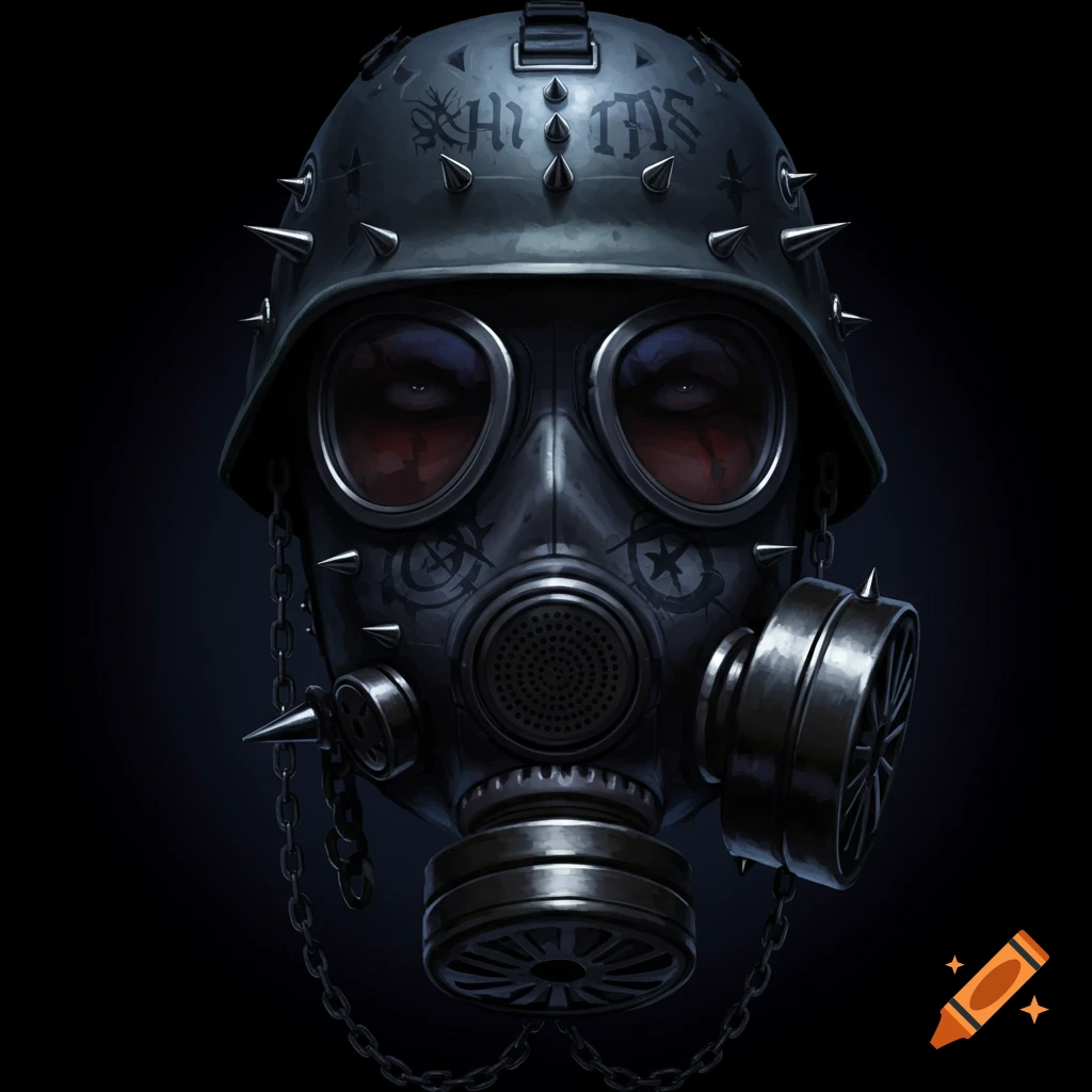 A dark military helmet with spikes and a gas mask, featuring red eyes.