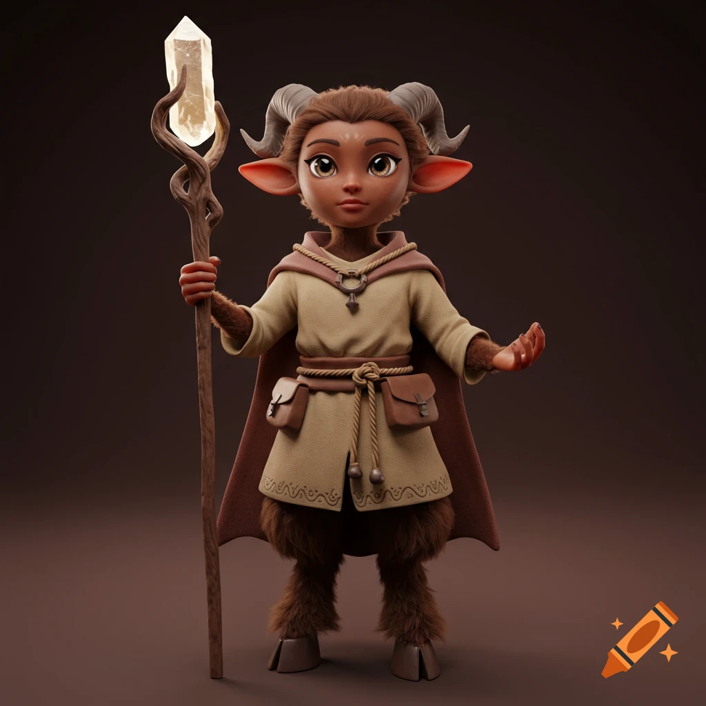 A brown-skinned faun girl with horns holds a crystal staff, rendered in a 3D style.