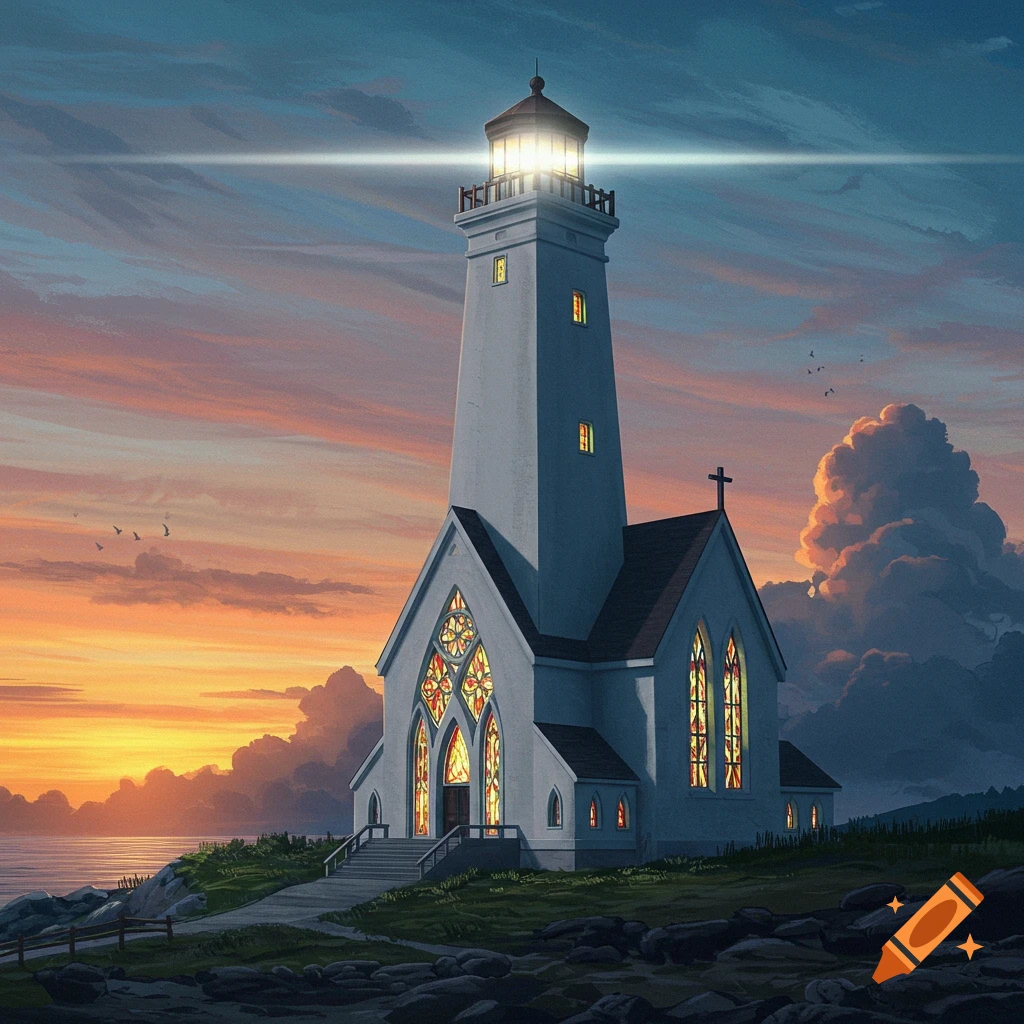 A white lighthouse church stands on a rocky coast at sunset. It has stained glass windows and a light beam.