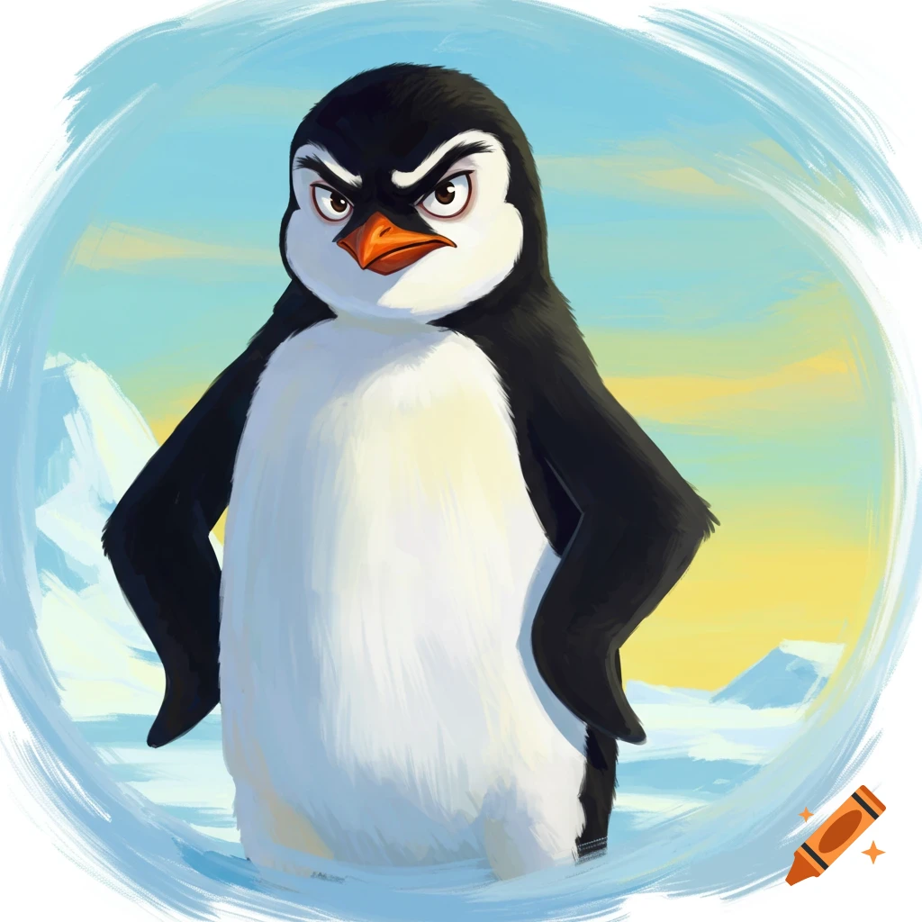An angry cartoon penguin with flippers on its hips is in an arctic landscape.