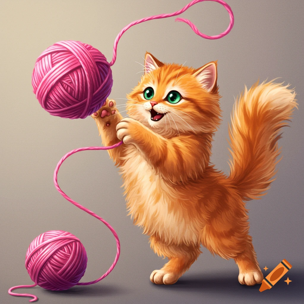 A cute orange kitten playing with pink yarn.