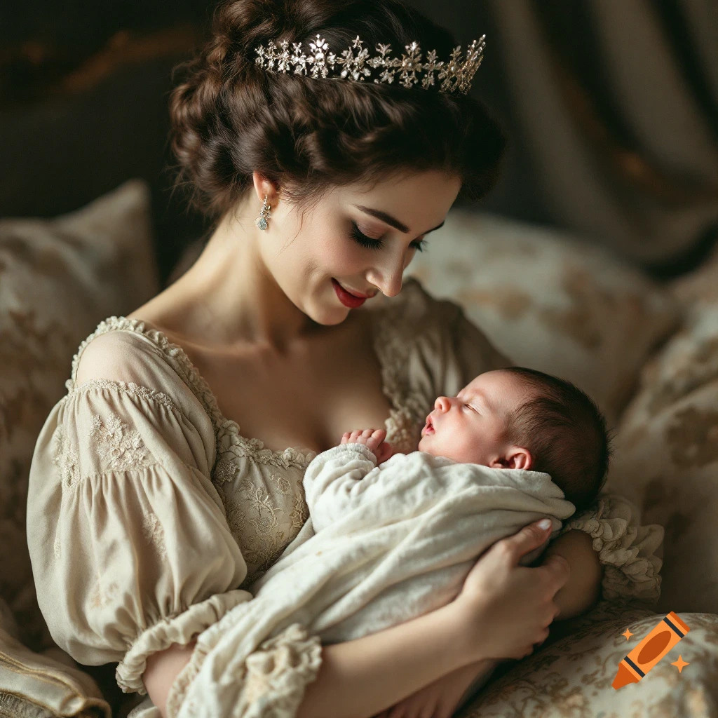 A woman in a crown holds a newborn baby in a historical-style portrait.