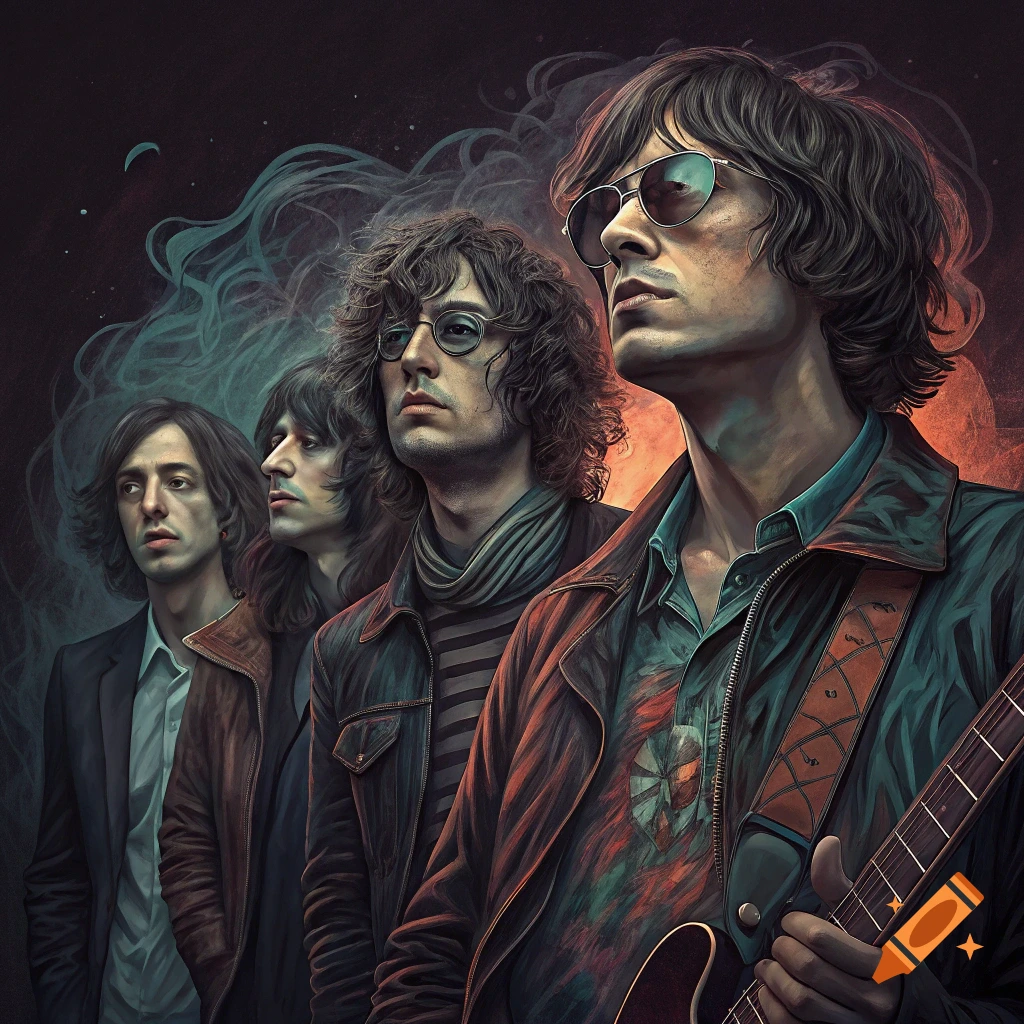 Four musicians in an abstract style with a dark background.