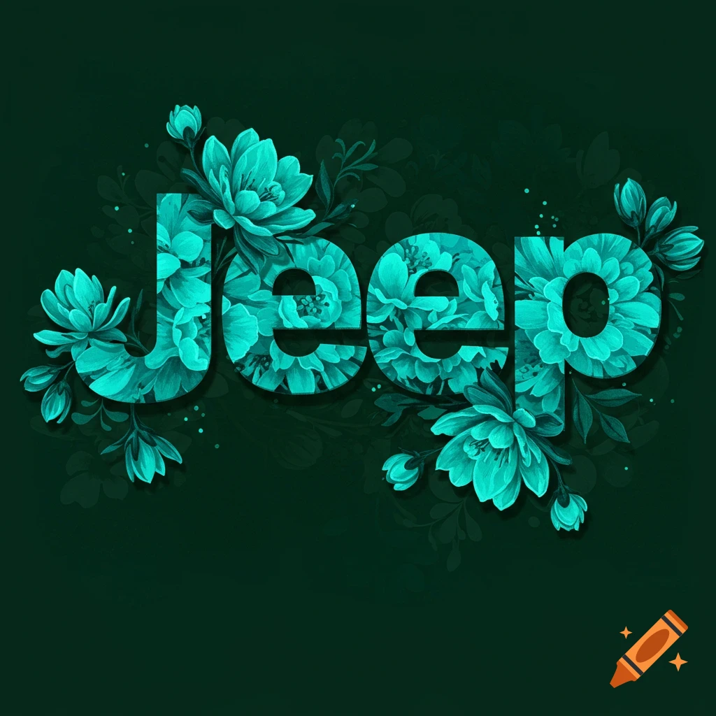 The word 'jeep' formed by teal flowers on a dark background.