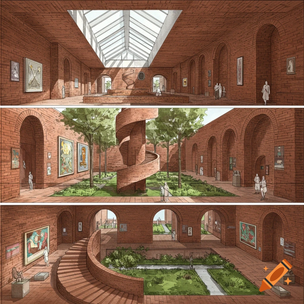 Architectural sketch of a brick museum with natural courtyards, spiral structure, and people viewing art.