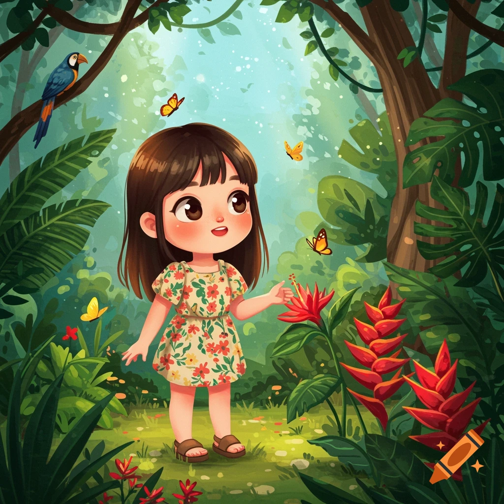 A young girl in a floral dress stands in a vibrant tropical jungle, surrounded by butterflies and plants, reaching for a red flower.