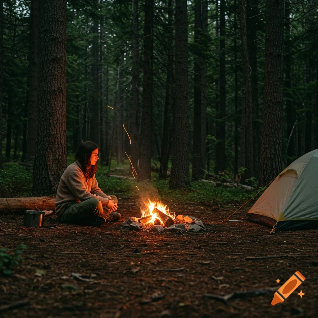 Person sitting by a campfire in a forest with a tent.