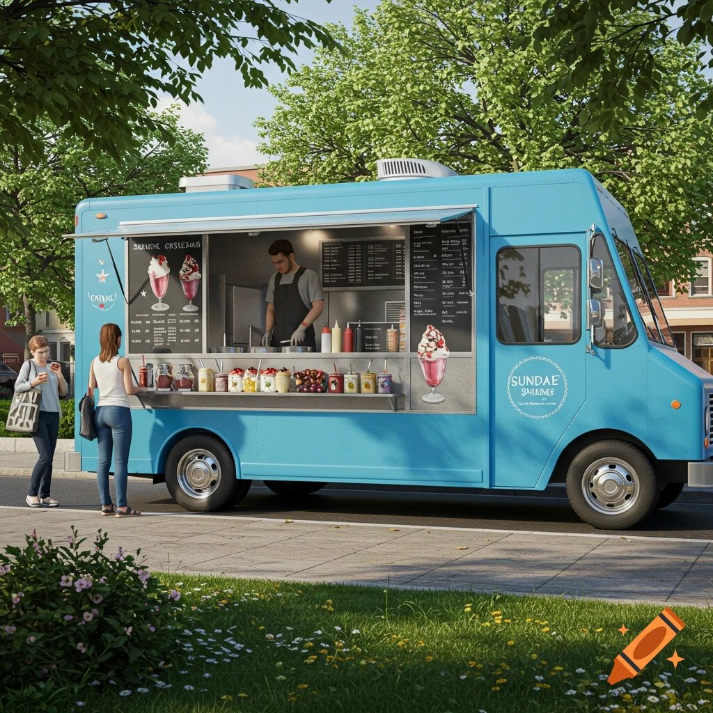 Realistic blue sundae food truck serving customers on a street with trees and flowers.