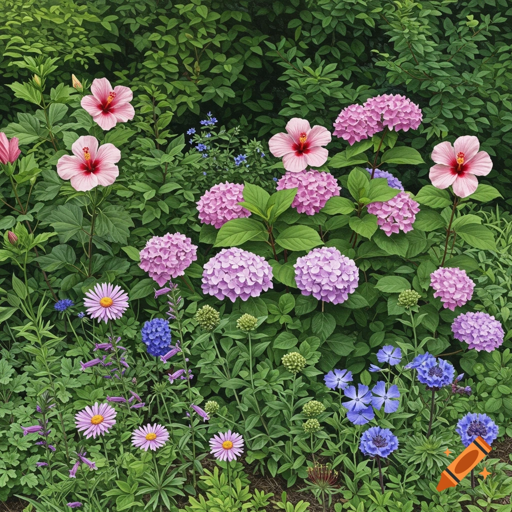 A vibrant garden bed filled with pink hibiscus, purple hydrangeas, blue cornflowers, and other colorful flowers and green foliage.