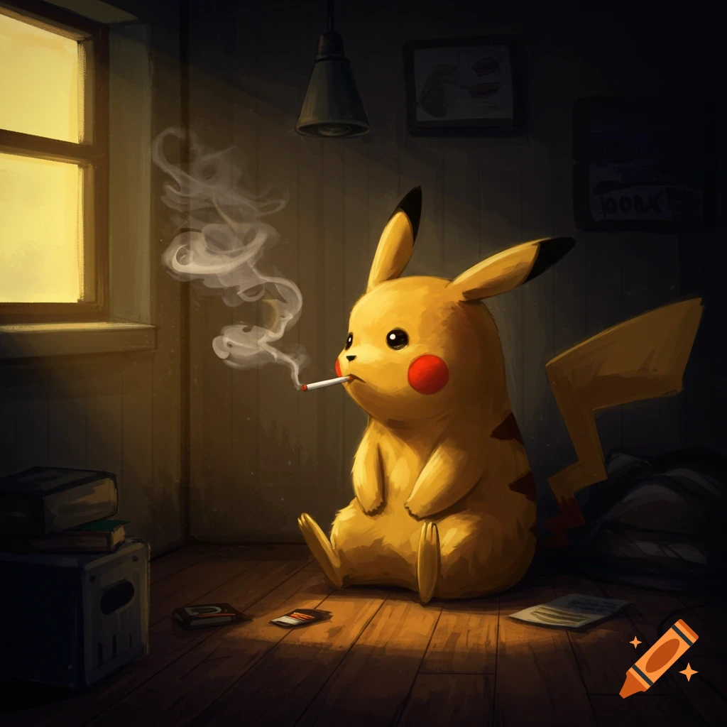 Pikachu smoking a cigarette in a dimly lit room.