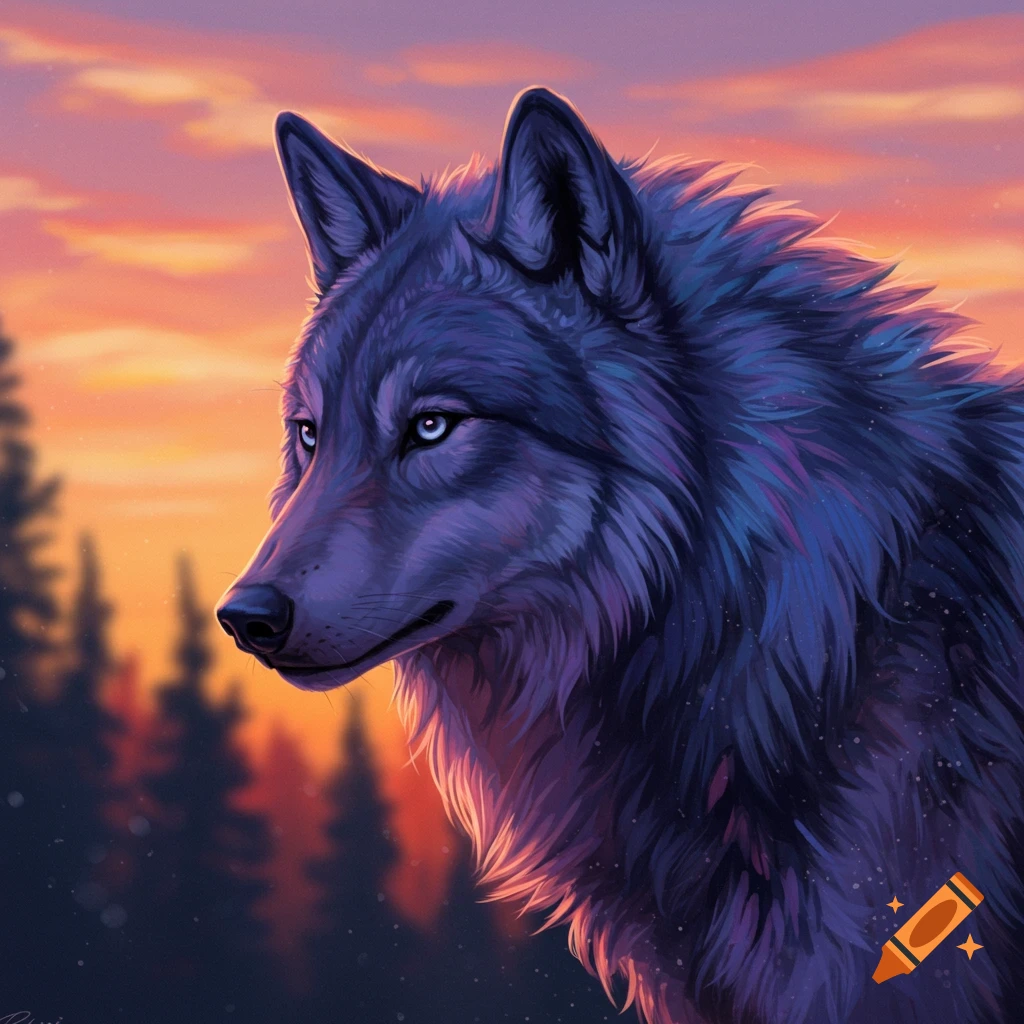 A wolf looking left against a sunset background.