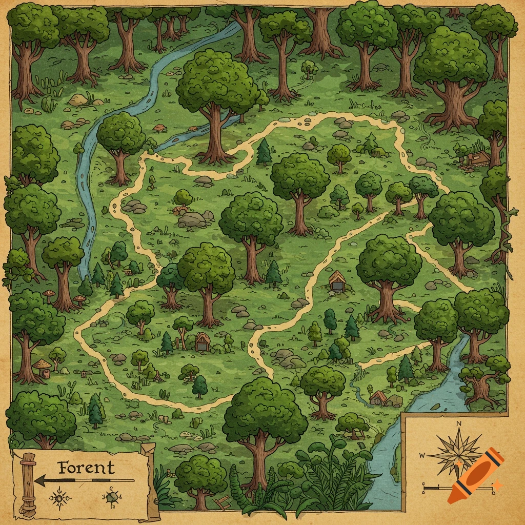 Illustrated map of a forest with river and paths.