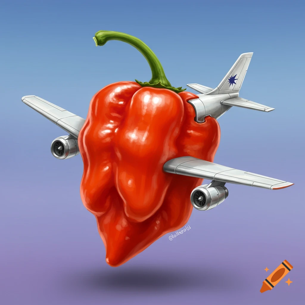 A red habanero pepper flying with airplane wings and tail against a blue and purple background.