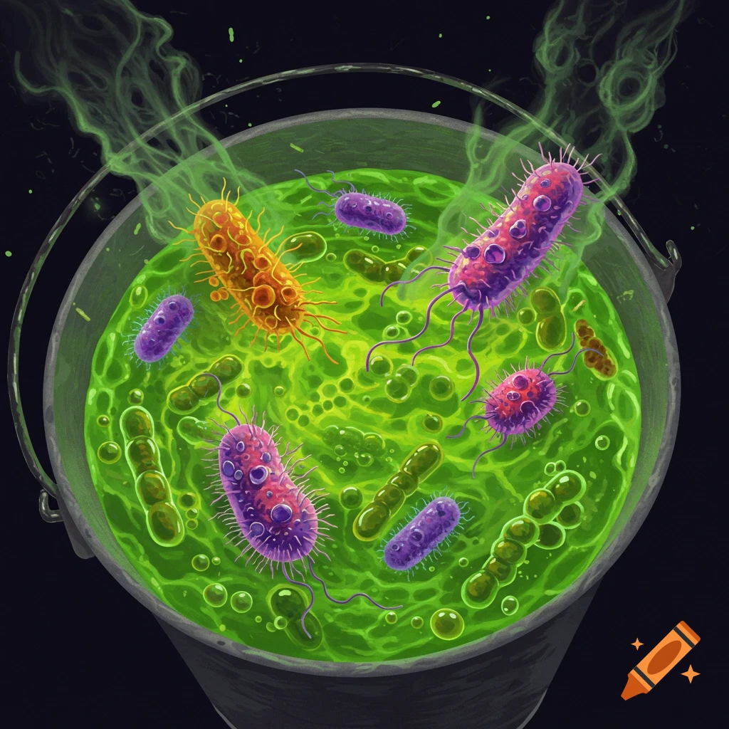 Stylized image of bacteria in a bubbling bucket of acid