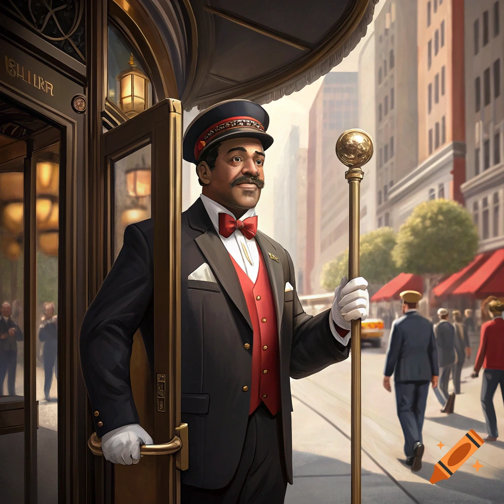 A doorman in uniform stands by a building entrance on a city street.