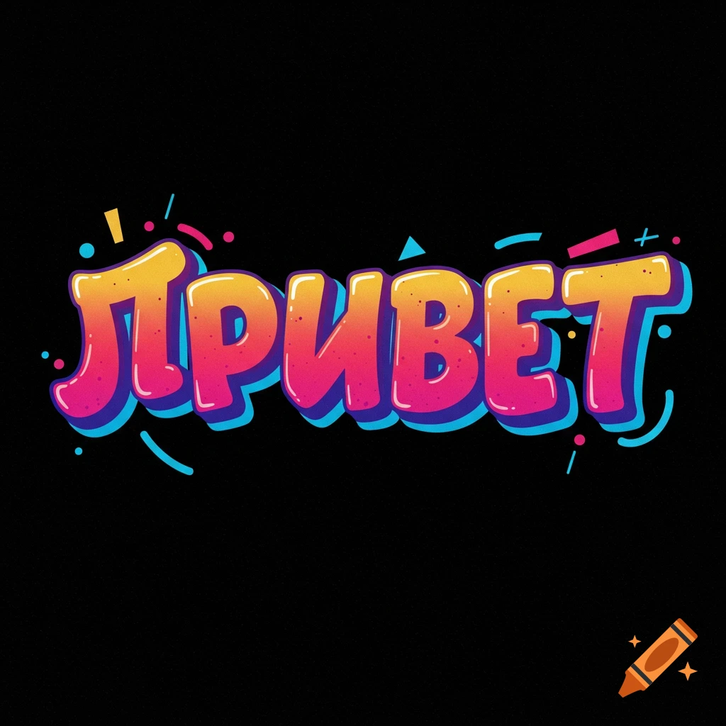 Colorful bubble letter art spelling 'привет' on black