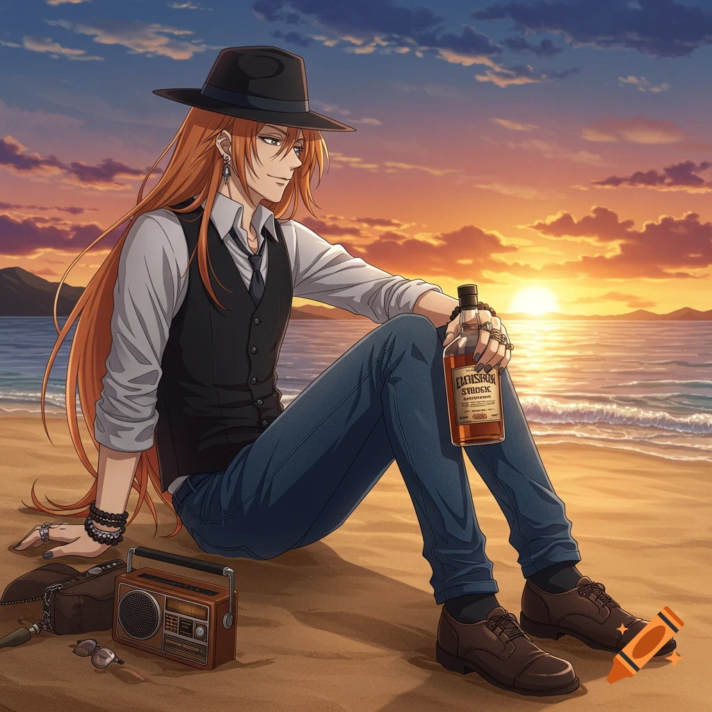 Anime style image of a man with long orange hair sitting on a beach at sunset, holding a bottle, with a radio beside him.