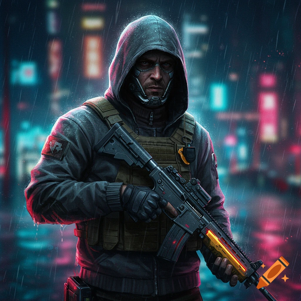 A mercenary in tactical gear with a rifle stands in a rainy cyberpunk city.