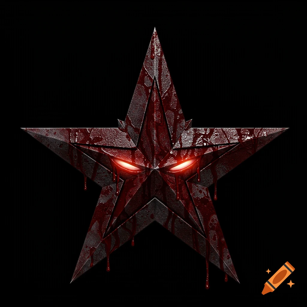 Dark metallic star emblem covered in blood with glowing red eyes on black background
