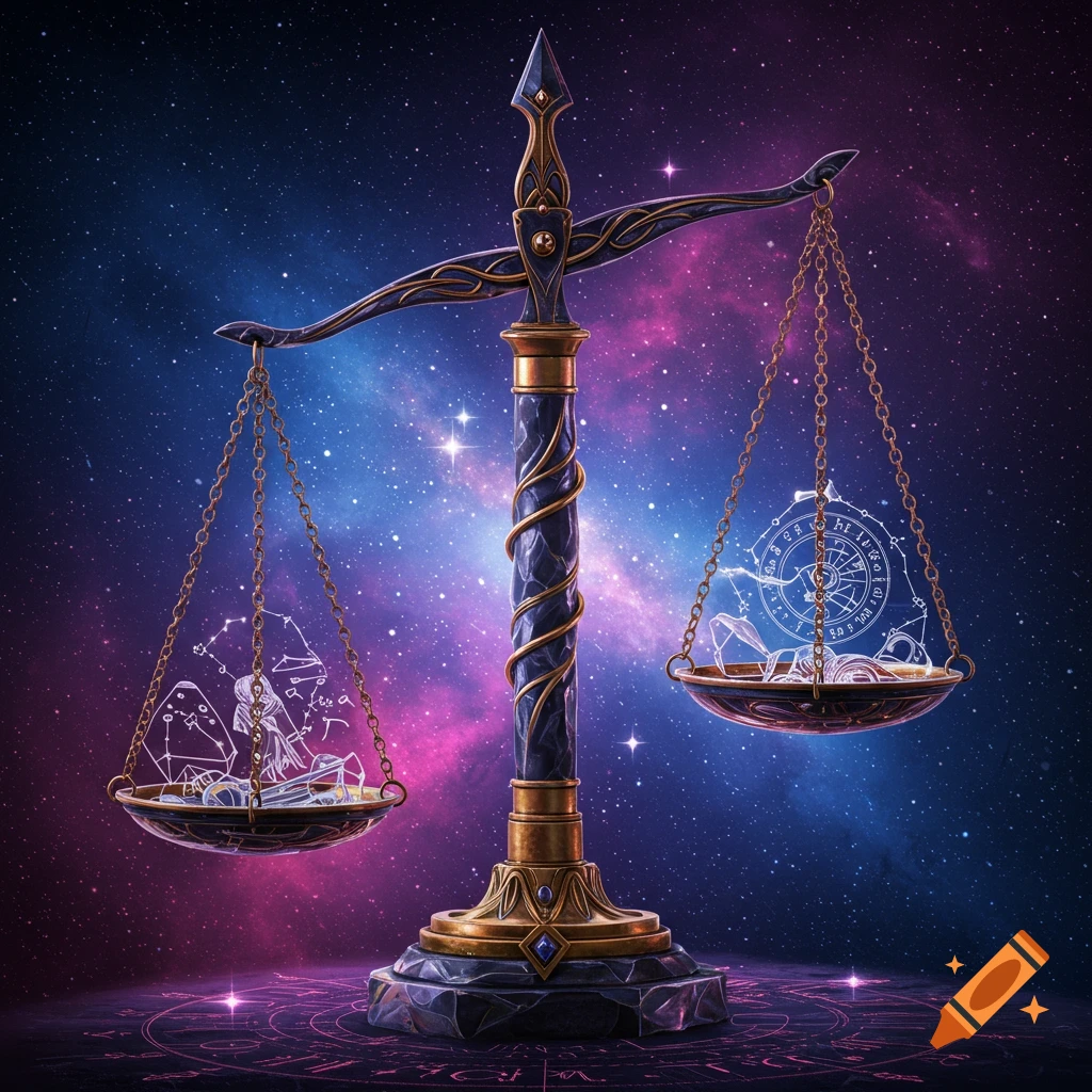 A detailed image of a Libra scale with constellation and astrological chart pans against a colorful nebula background.
