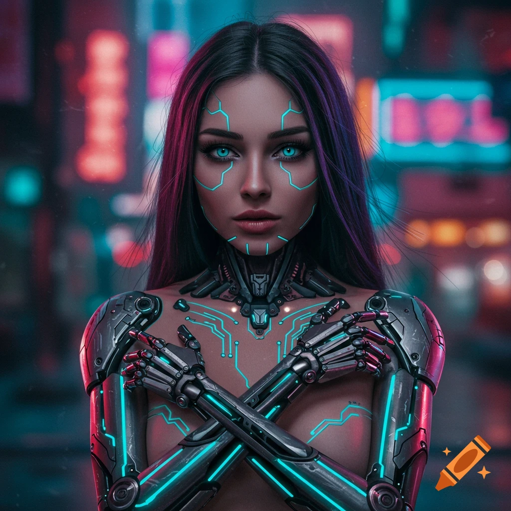 Cyberpunk portrait of a woman with glowing circuits and mechanical arms in a neon city