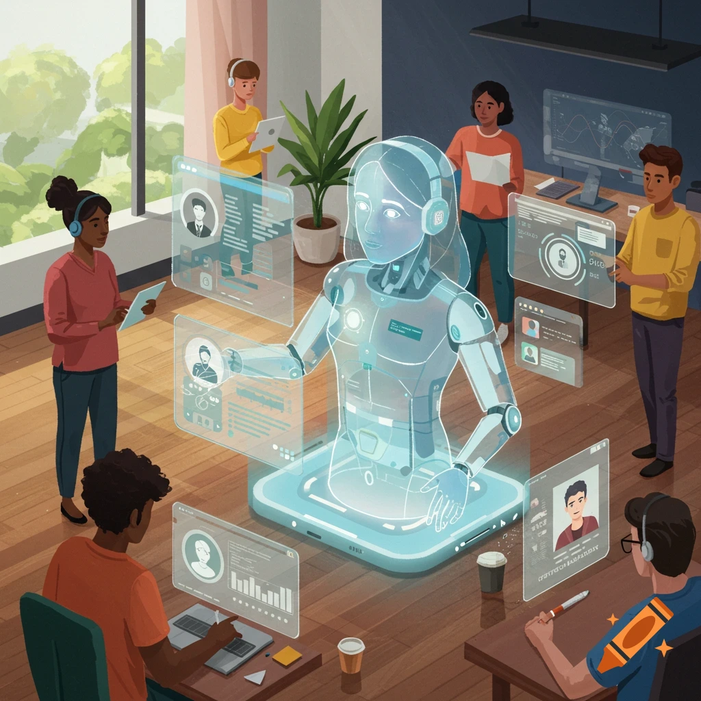 People interacting with a holographic AI robot and data screens in an office.