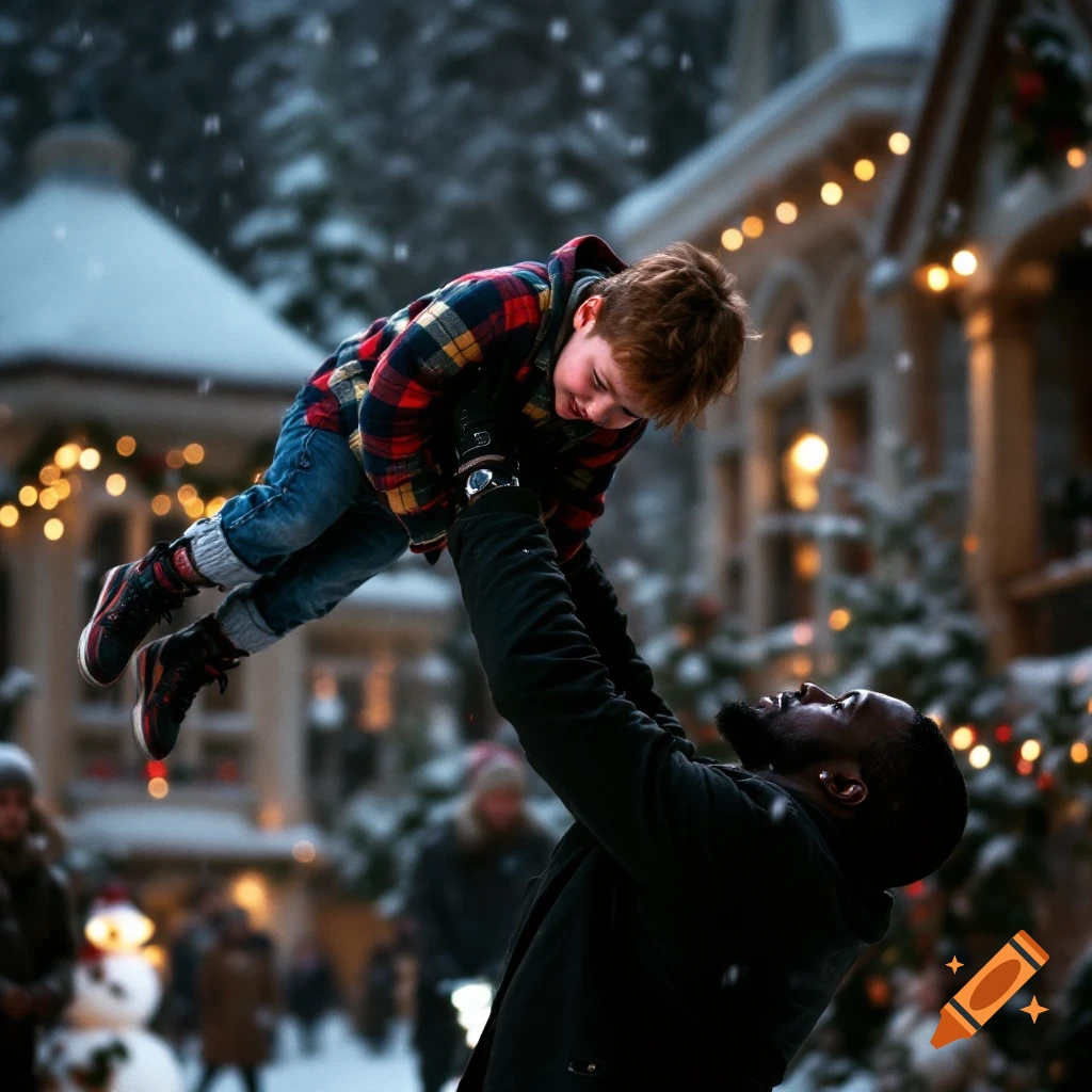 A man lifts a child in the air in a snowy, festive outdoor scene.
