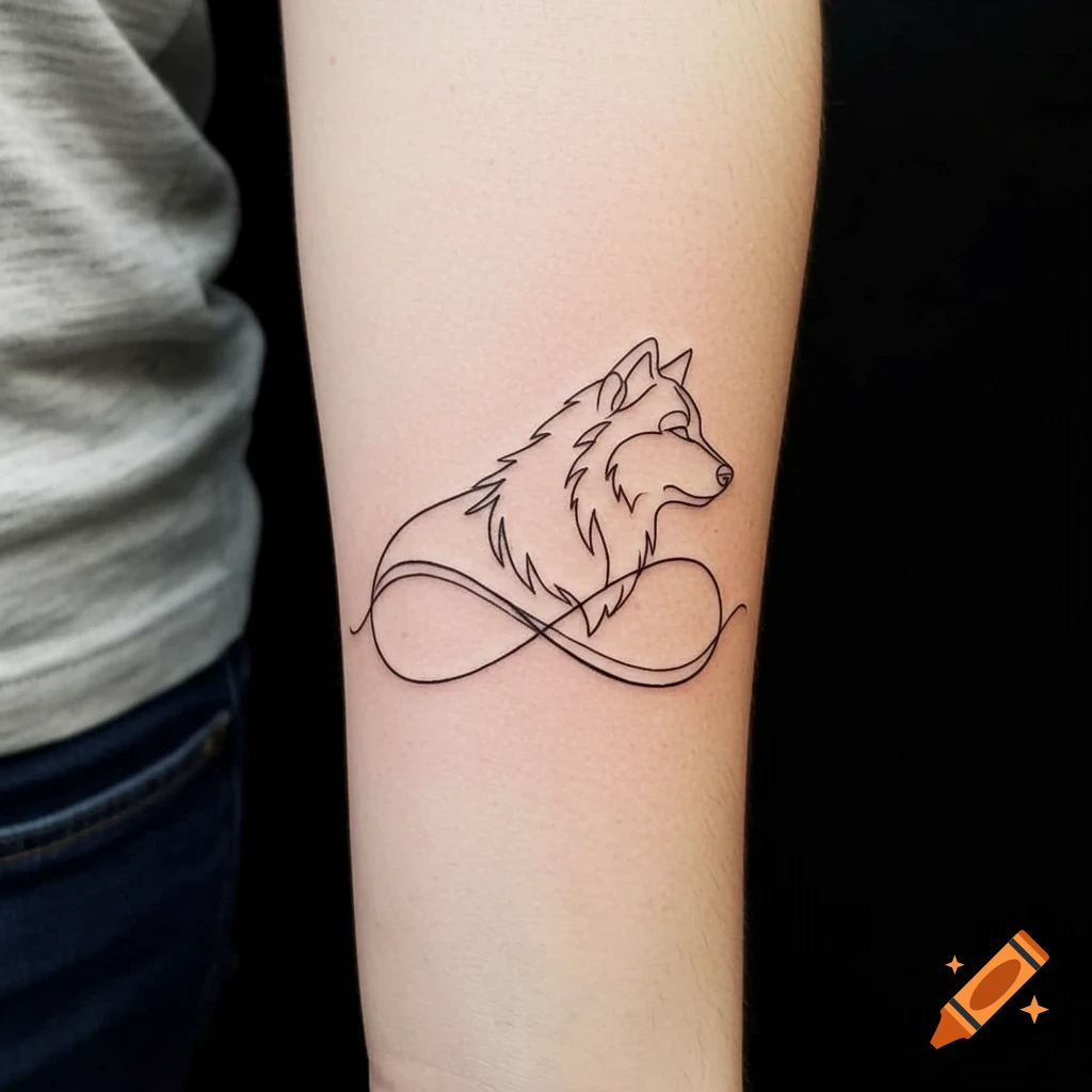 Line art wolf and infinity symbol tattoo on an arm