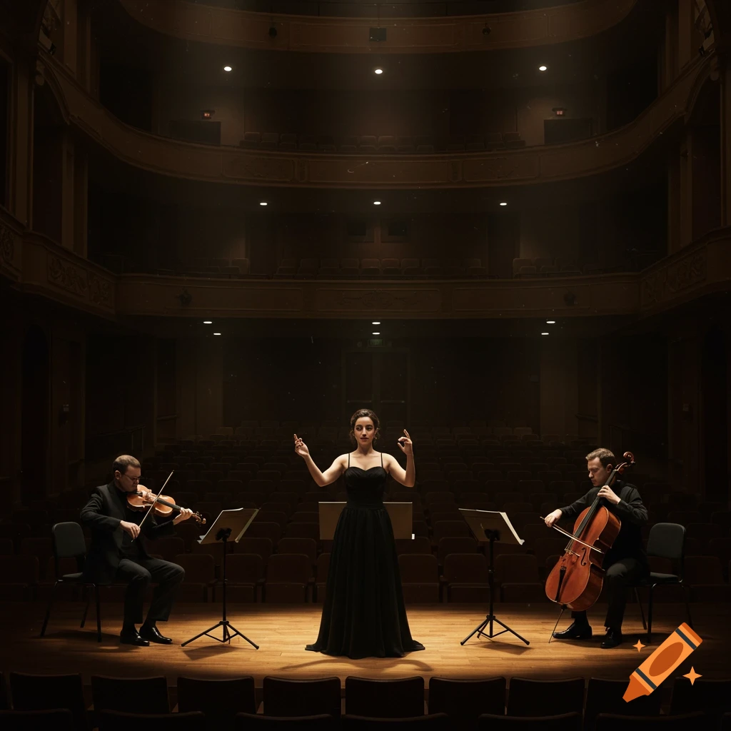 A conductor, violinist, and cellist perform on a stage in an empty auditorium under spotlights.