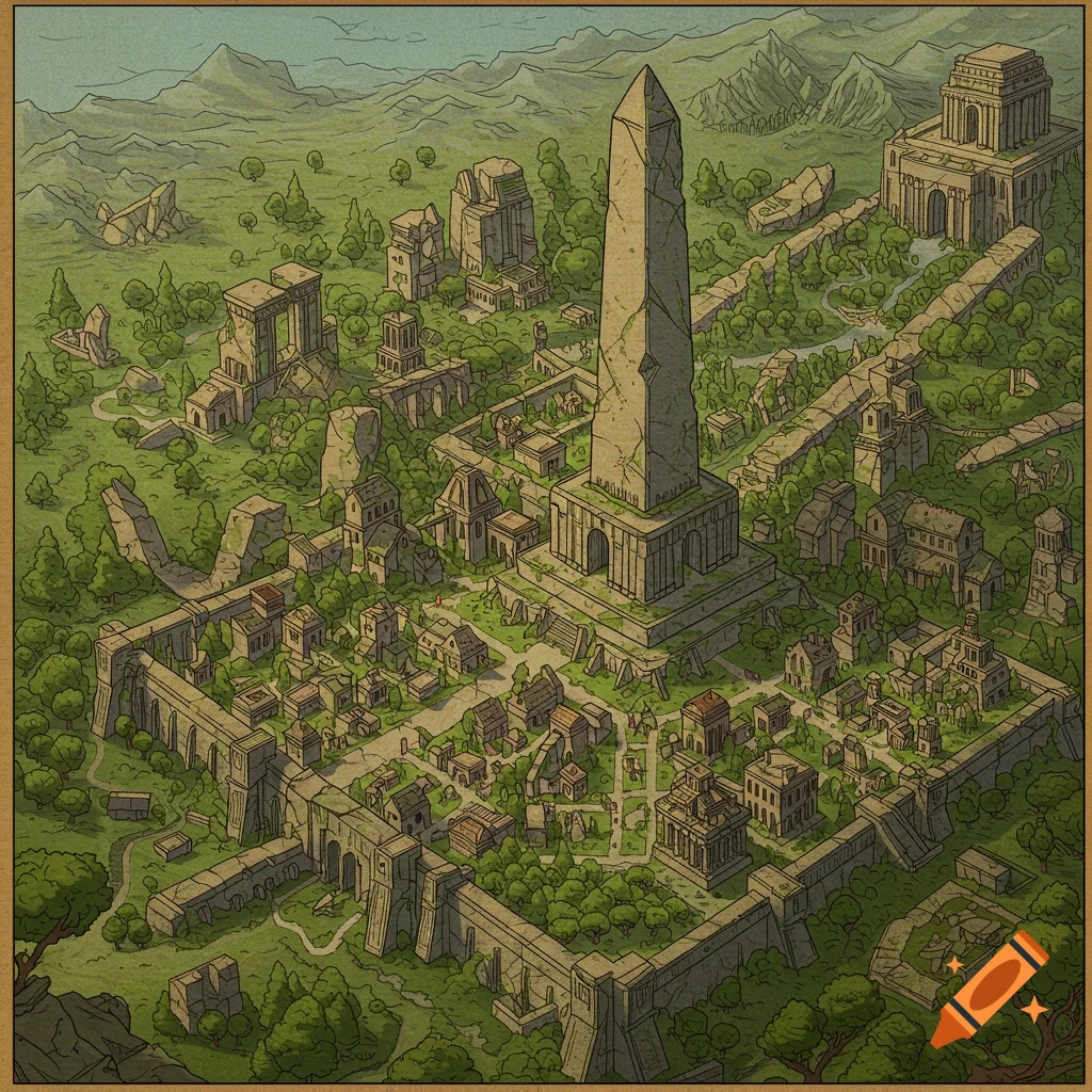 Overgrown ruins of a fantasy city map with a large central obelisk.