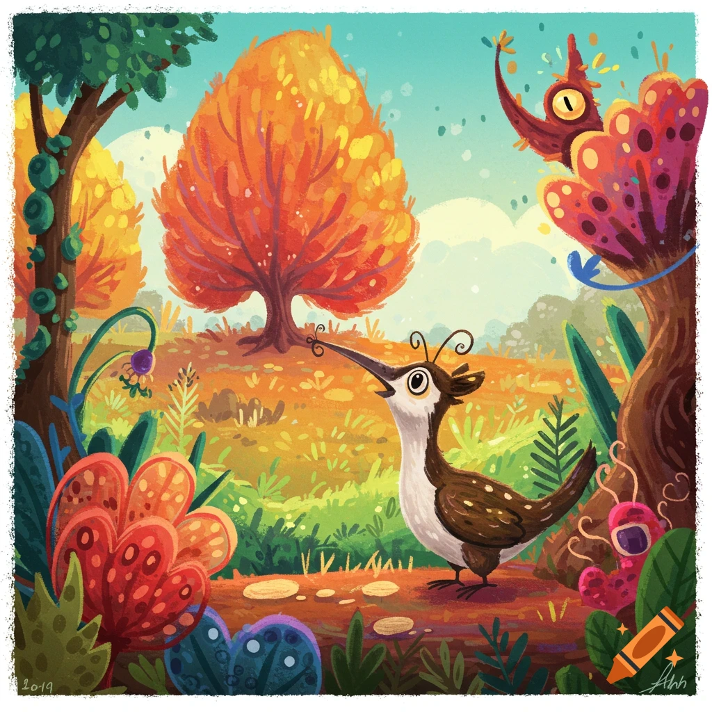 A stylized forest scene with a bird-like creature and fantastical plants in vibrant autumn colors.