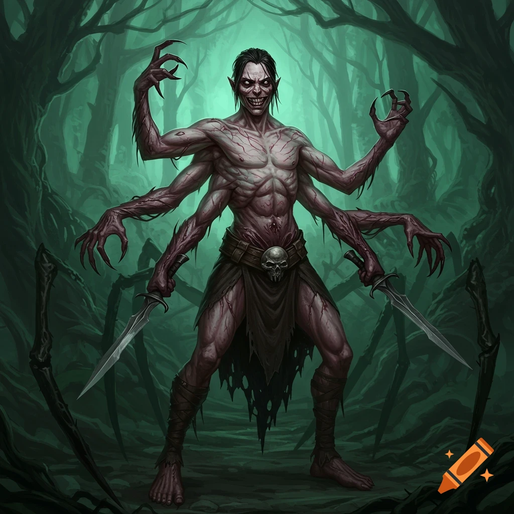 A multi-armed creature with claws and swords in a dark forest.
