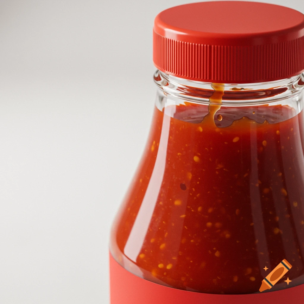 Close-up of a bottle of red sauce with a red cap.