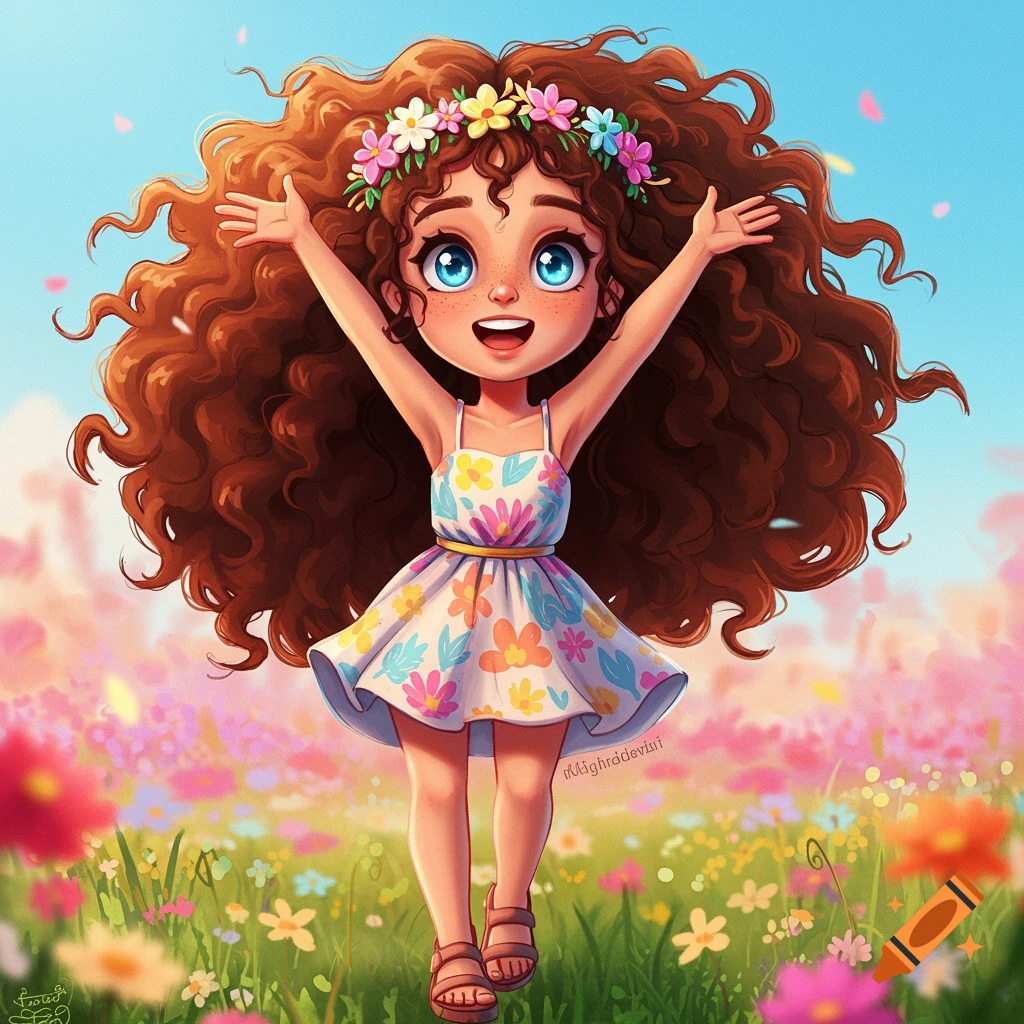 A cheerful cartoon girl with curly brown hair and a flower crown stands in a field of colorful flowers with arms raised.