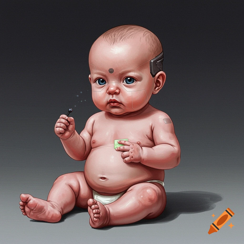 A baby with cybernetic implants is sitting and holding a small object.